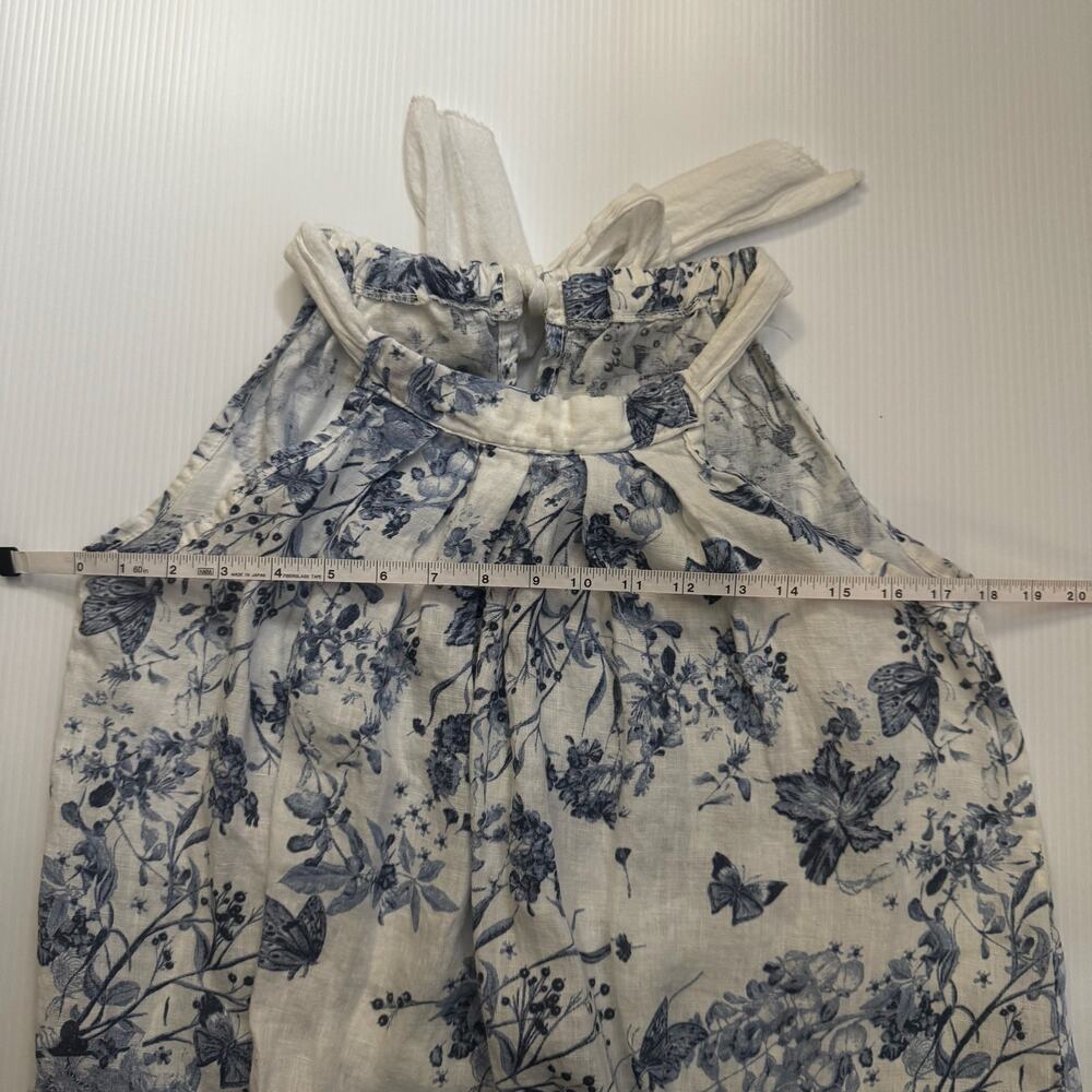 Italian Linen Trapeze Dress Ecru Blue Toile Floral Tie Neck Lined S/M Resort - Picture 13 of 14